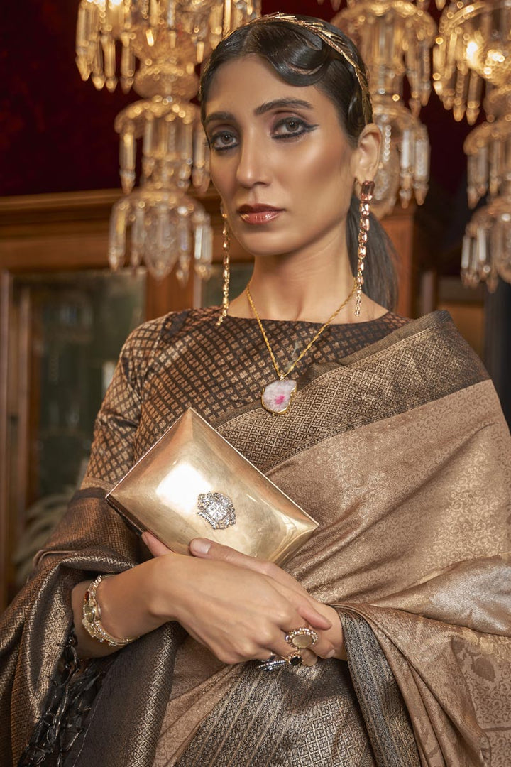 Sangeet Wear Dark Beige Color Saree With Dazzling Weaving Work In Art Silk Fabric