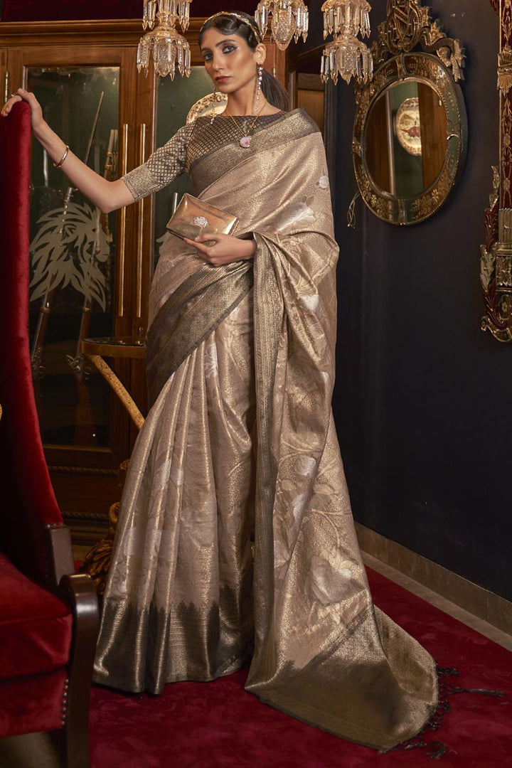 Sangeet Wear Dark Beige Color Saree With Dazzling Weaving Work In Art Silk Fabric