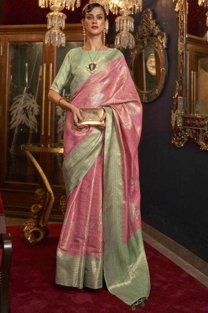 Sangeet Wear Pink Color Art Silk Fabric Saree With Remarkable Weaving Work