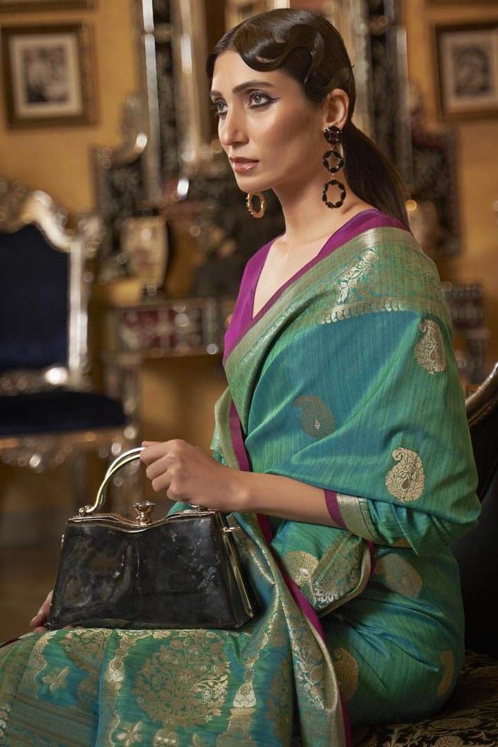 Green Color Festival Wear Weaving Work Inventive Saree In Art Silk Fabric
