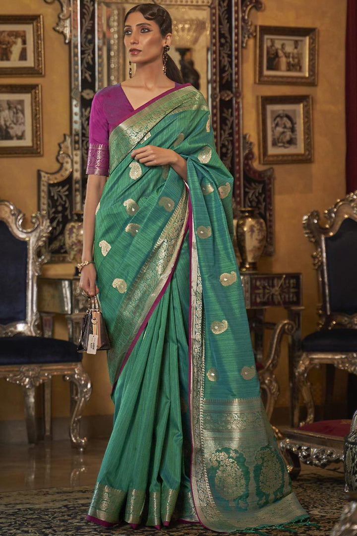 Green Color Festival Wear Weaving Work Inventive Saree In Art Silk Fabric