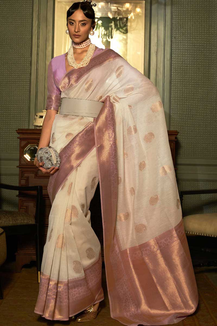 Off White Color Sangeet Wear Weaving Work Aristocratic Saree In Linen Fabric