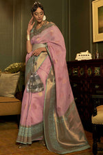Load image into Gallery viewer, Sangeet Wear Linen Fabric Pink Color Weaving Work Charismatic Saree
