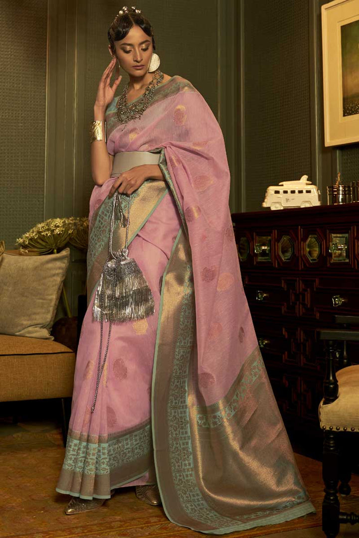 Sangeet Wear Linen Fabric Pink Color Weaving Work Charismatic Saree