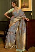 Load image into Gallery viewer, Grey Color Linen Fabric Sangeet Wear Magnificent Weaving Work Saree
