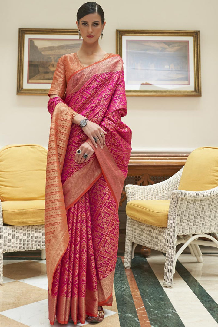 Weaving Work On Captivating Art Silk Fabric Saree In Rani Color