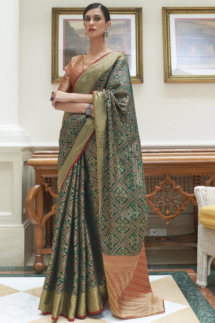 Dark Green Color Fantastic Art Silk Fabric Saree With Weaving Work