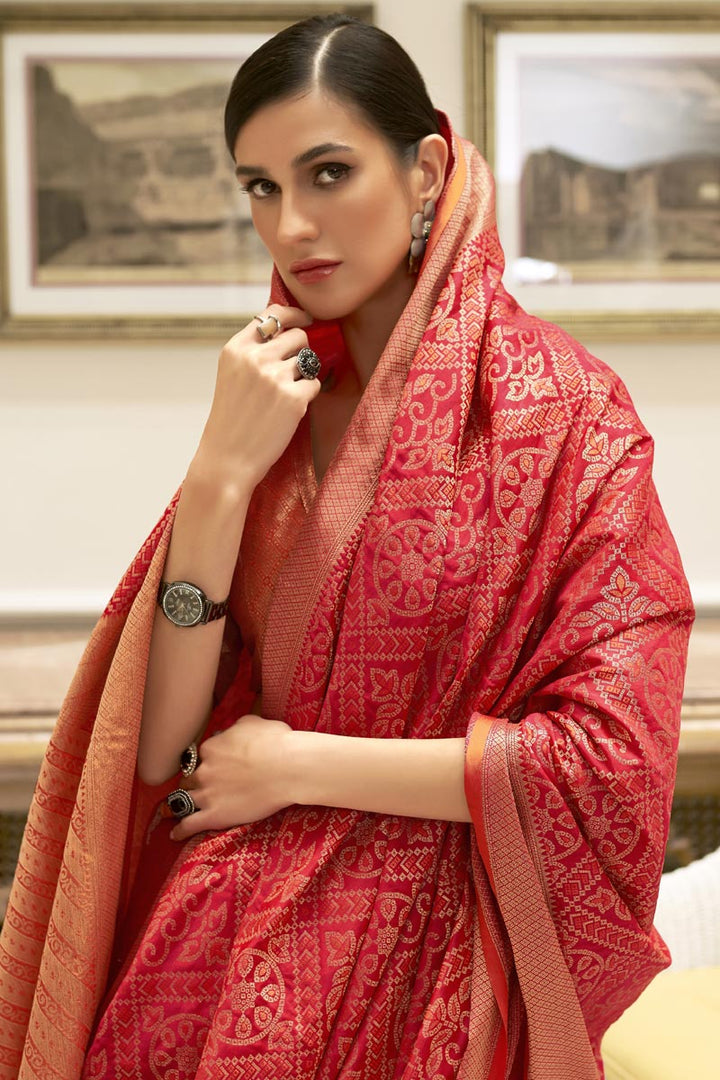 Appealing Weaving Work On Art Silk Fabric Saree In Red Color