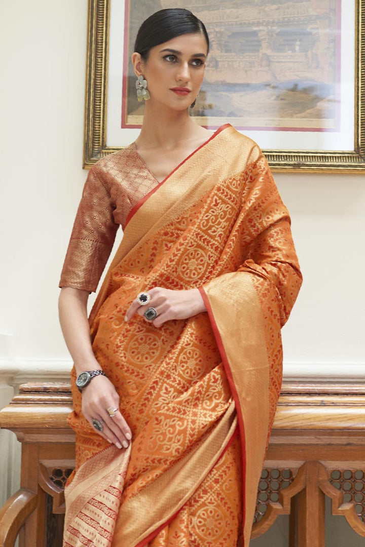 Imperial Orange Color Art Silk Fabric Saree With Weaving Work