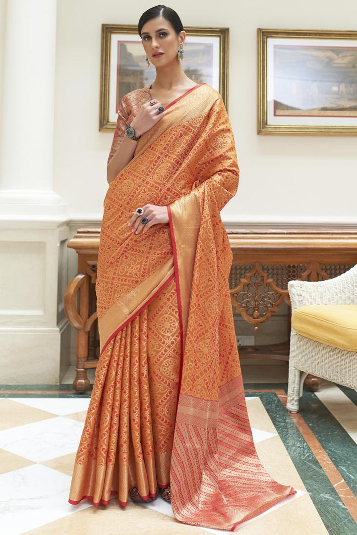 Imperial Orange Color Art Silk Fabric Saree With Weaving Work