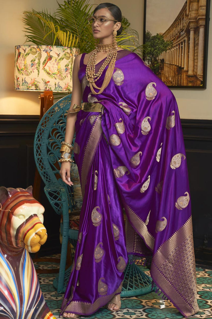 Satin Fabric Party Wear Purple Color Phenomenal Saree