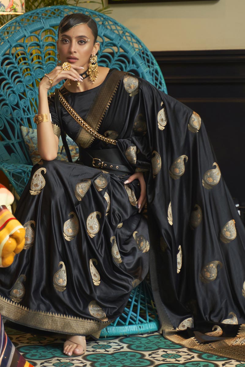 Radiant Black Color Satin Fabric Party Wear Saree