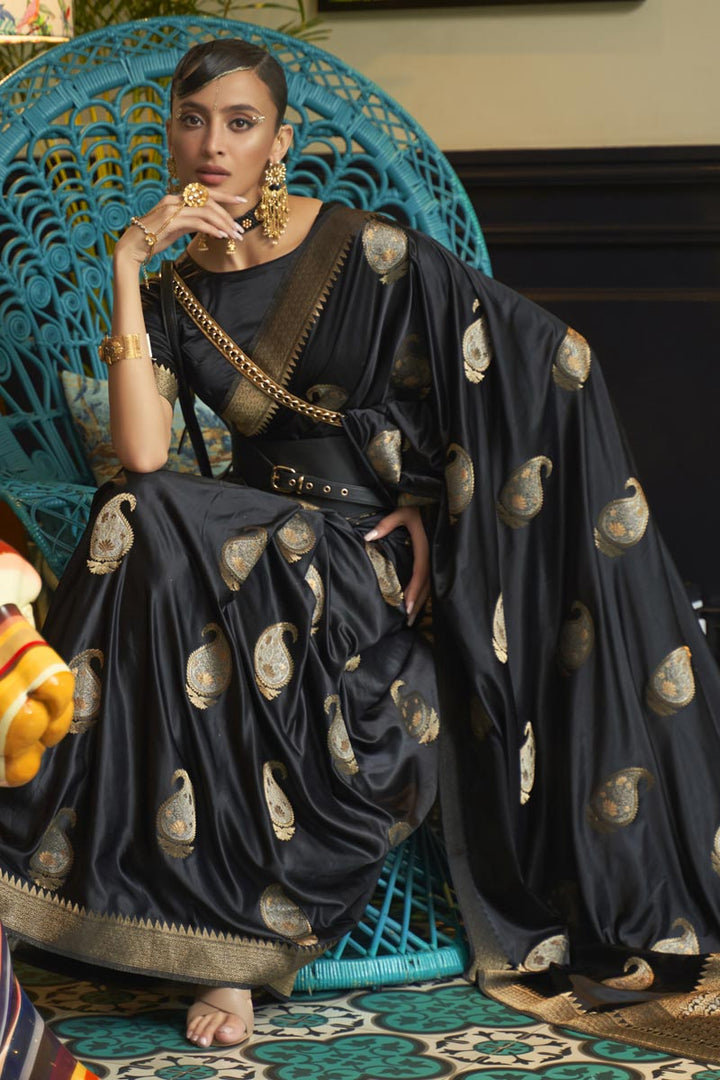 Radiant Black Color Satin Fabric Party Wear Saree