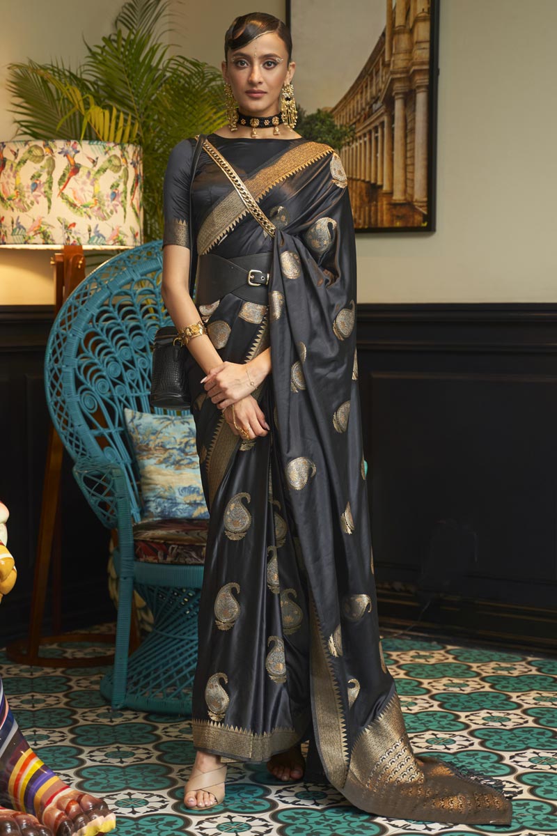 Radiant Black Color Satin Fabric Party Wear Saree