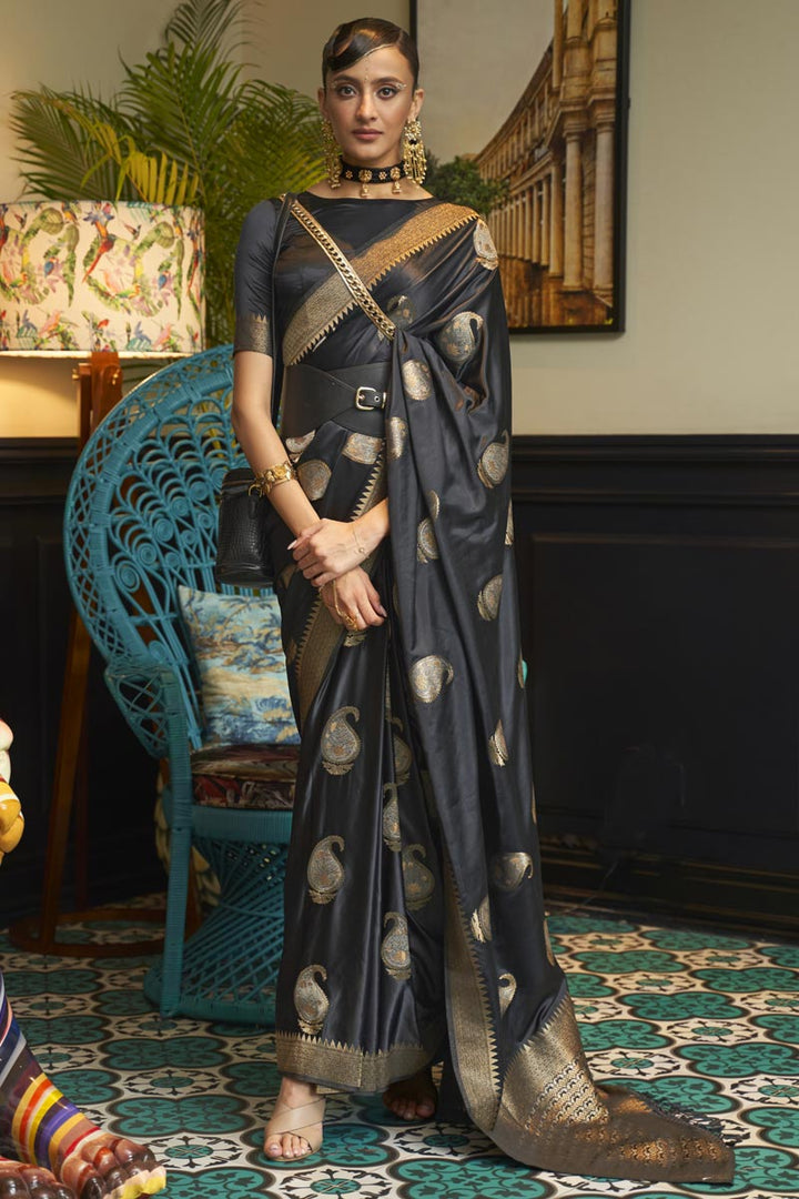Radiant Black Color Satin Fabric Party Wear Saree