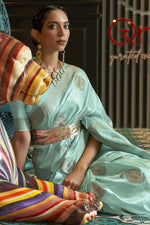 Load image into Gallery viewer, Satin Fabric Party Wear Sober Saree In Light Cyan Color
