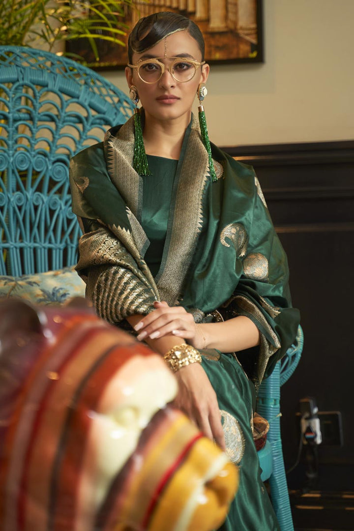 Party Wear Satin Fabric Dark Green Color Trendy Saree