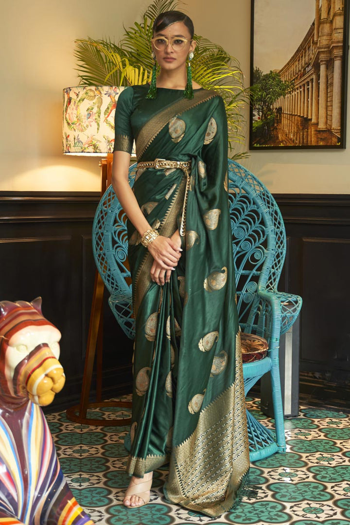 Party Wear Satin Fabric Dark Green Color Trendy Saree