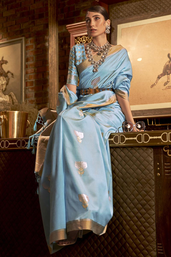 Art Silk Fabric Sky Blue Color Weaving Work Elegant Saree