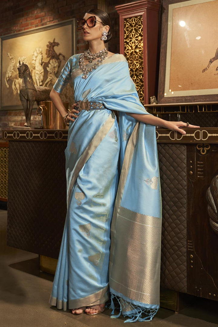 Art Silk Fabric Sky Blue Color Weaving Work Elegant Saree
