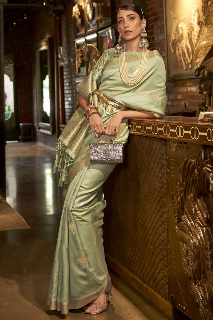 Sea Green Color Weaving Work Art Silk Fabric Incredible Saree
