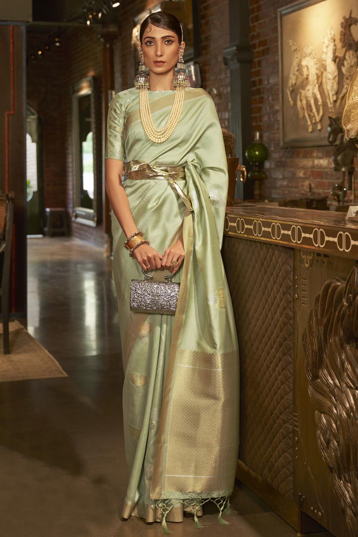 Sea Green Color Weaving Work Art Silk Fabric Incredible Saree