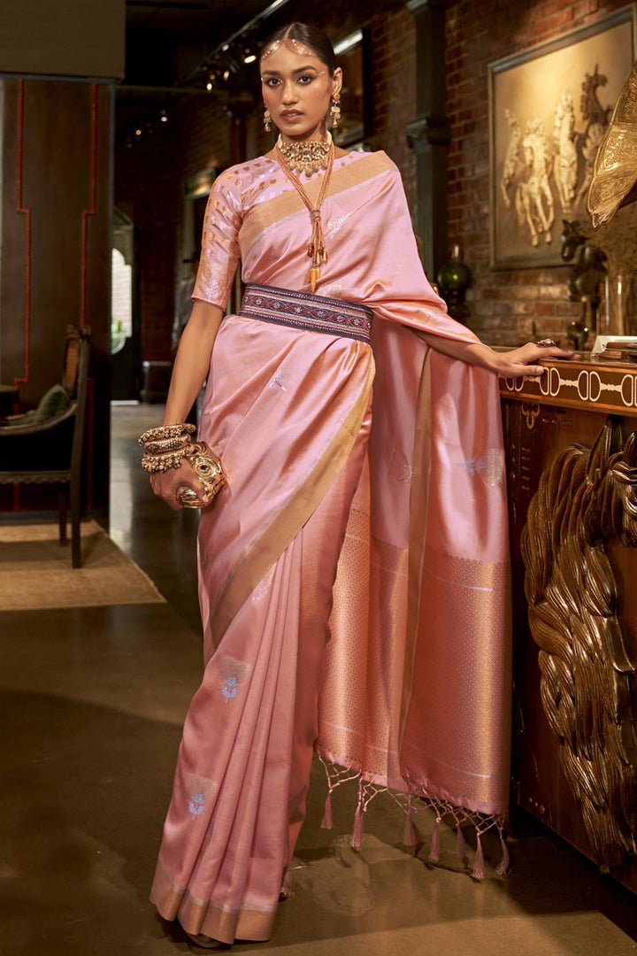 Pink Color Weaving Work Art Silk Fabric Charismatic Saree
