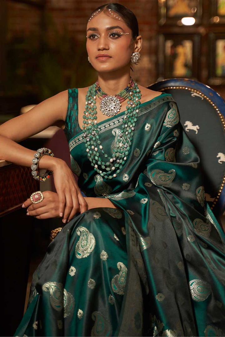 Dark Green Color Satin Silk Fabric Weaving Work Winsome Saree