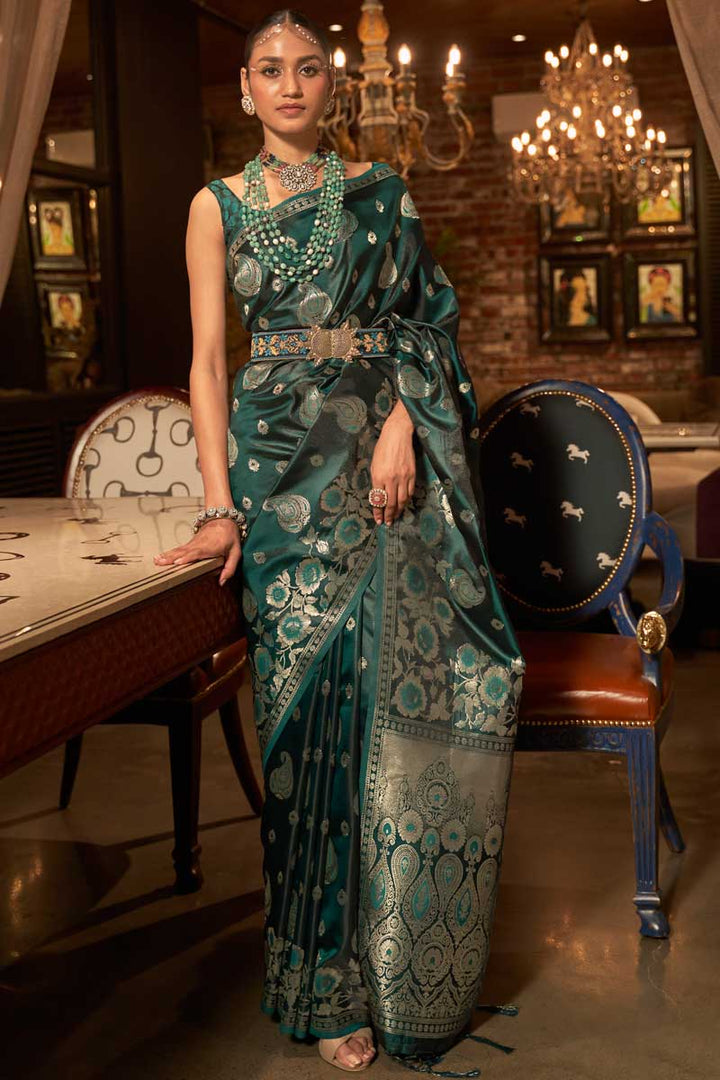 Dark Green Color Satin Silk Fabric Weaving Work Winsome Saree