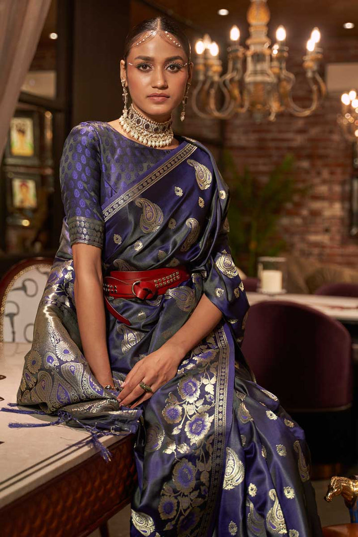 Satin Silk Fabric Weaving Work Brilliant Saree In Purple Color