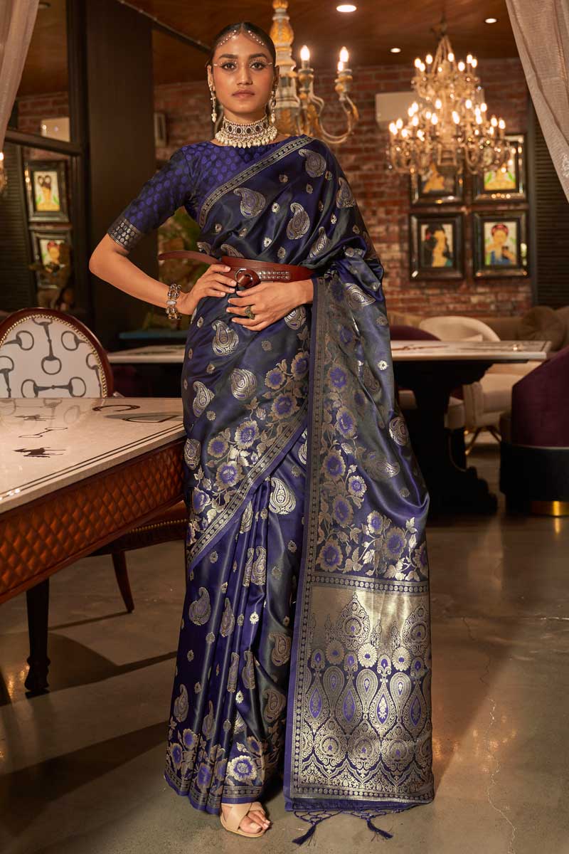 Satin Silk Fabric Weaving Work Brilliant Saree In Purple Color