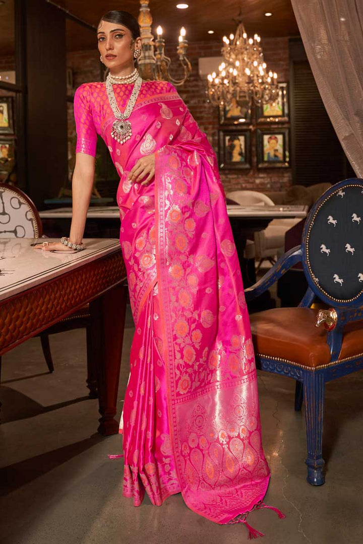 Satin Silk Fabric Pink Color Weaving Work Soothing Saree