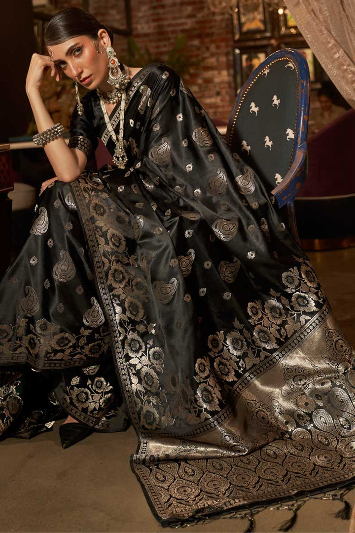 Black Color Satin Silk Fabric Weaving Work Appealing Saree
