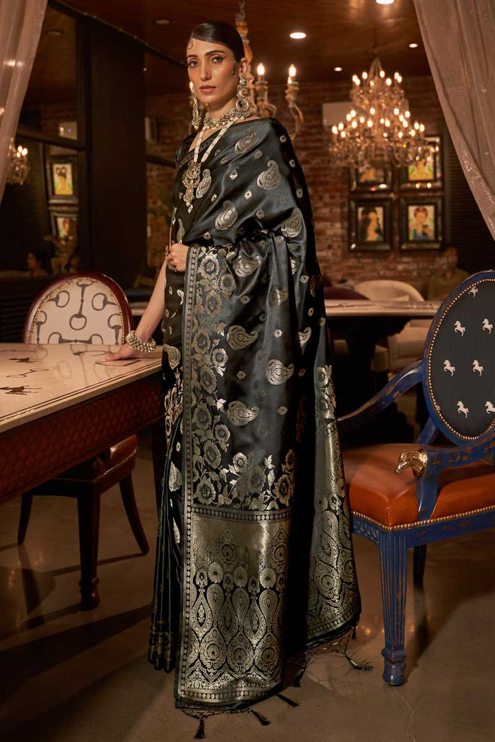 Black Color Satin Silk Fabric Weaving Work Appealing Saree