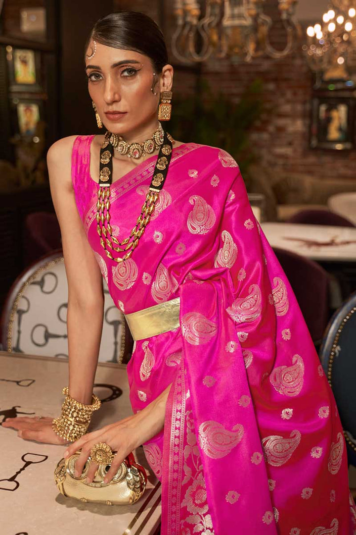 Satin Silk Fabric Weaving Work Wonderful Saree In Rani Color