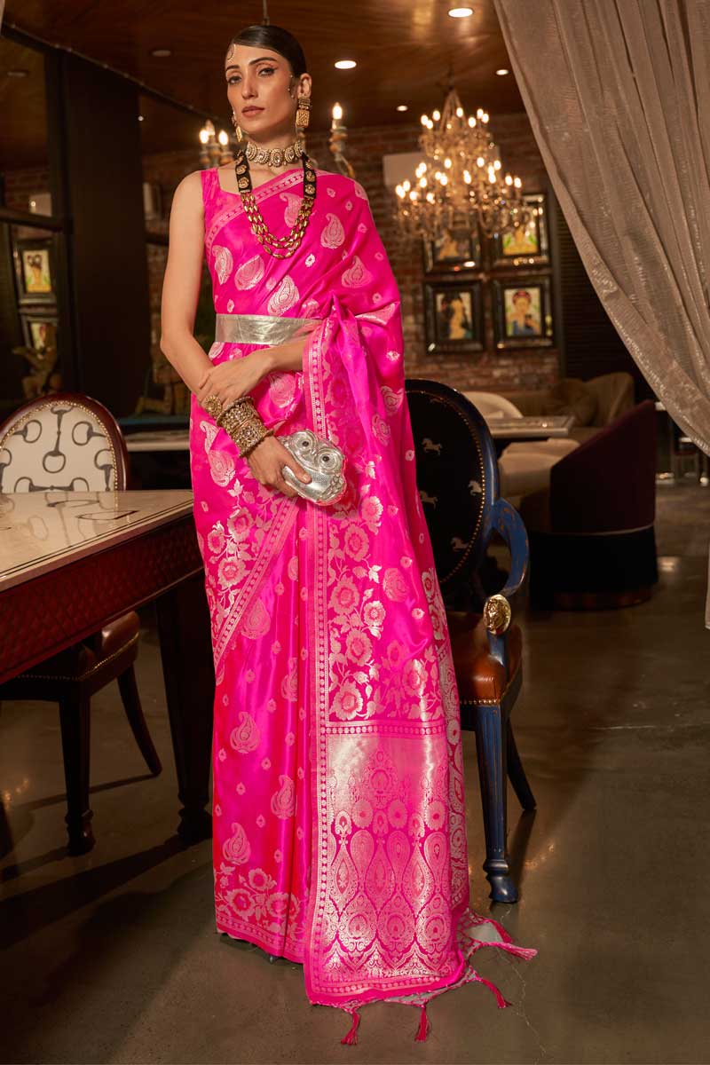 Satin Silk Fabric Weaving Work Wonderful Saree In Rani Color