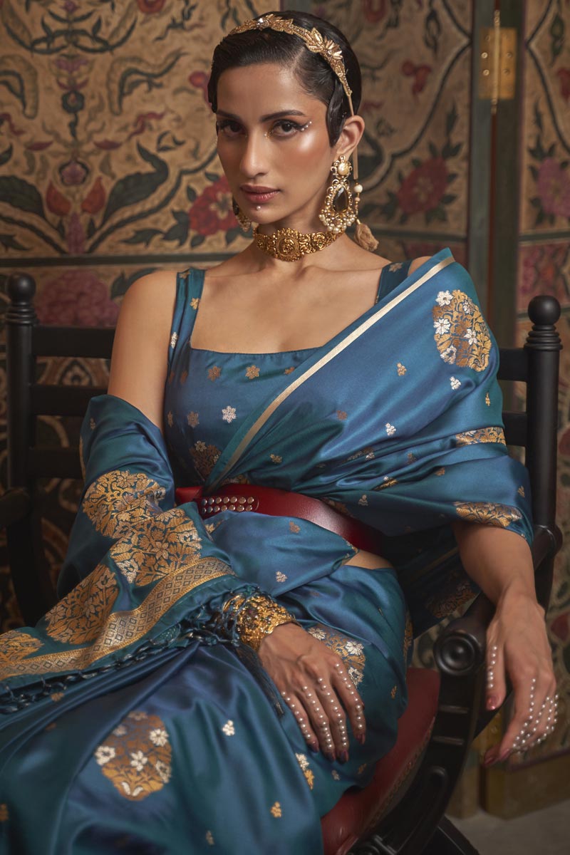 Excellent Satin Fabric Teal Color Party Wear Saree