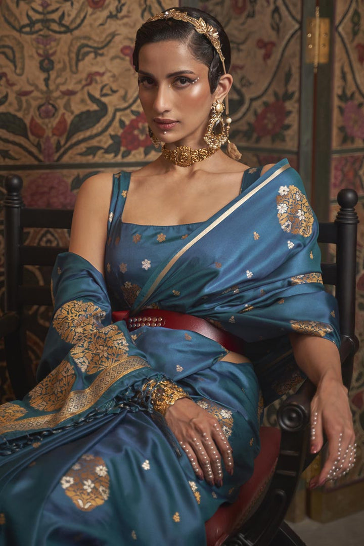 Excellent Satin Fabric Teal Color Party Wear Saree