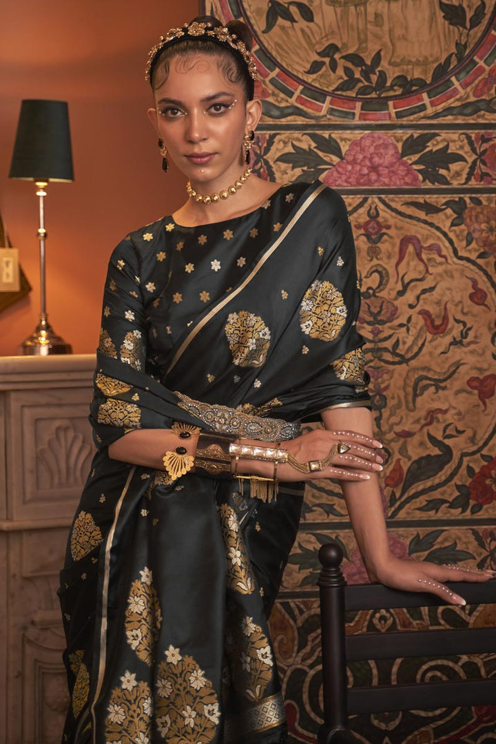 Black Color Satin Fabric Beatific Party Style Saree