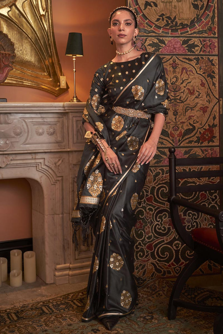 Black Color Satin Fabric Beatific Party Style Saree