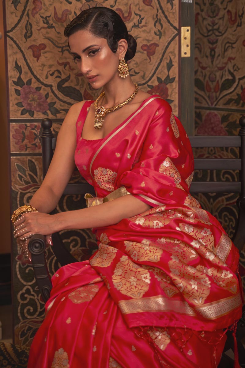 Beguiling Red Color Satin Fabric Party Style Saree