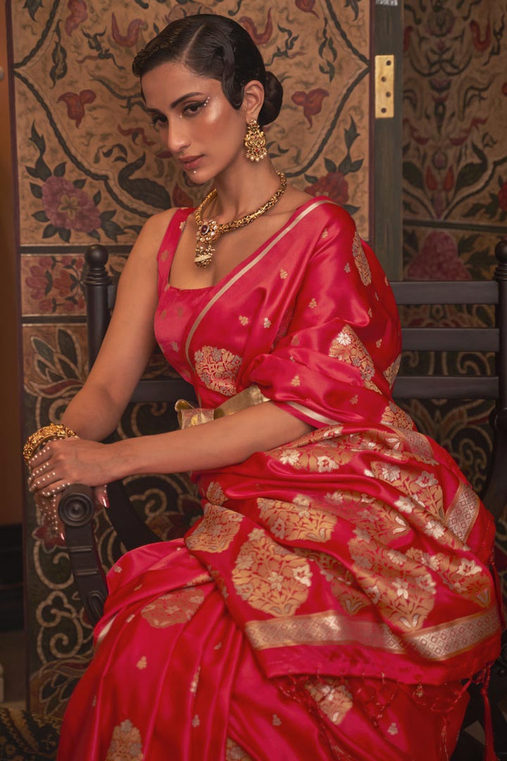 Beguiling Red Color Satin Fabric Party Style Saree