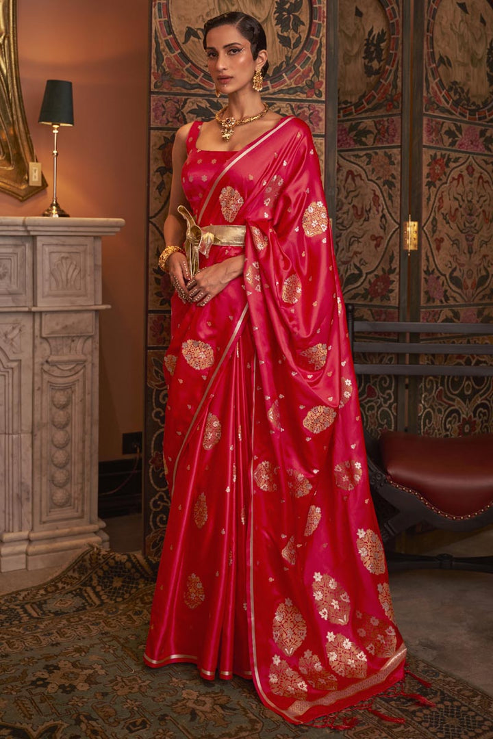 Beguiling Red Color Satin Fabric Party Style Saree