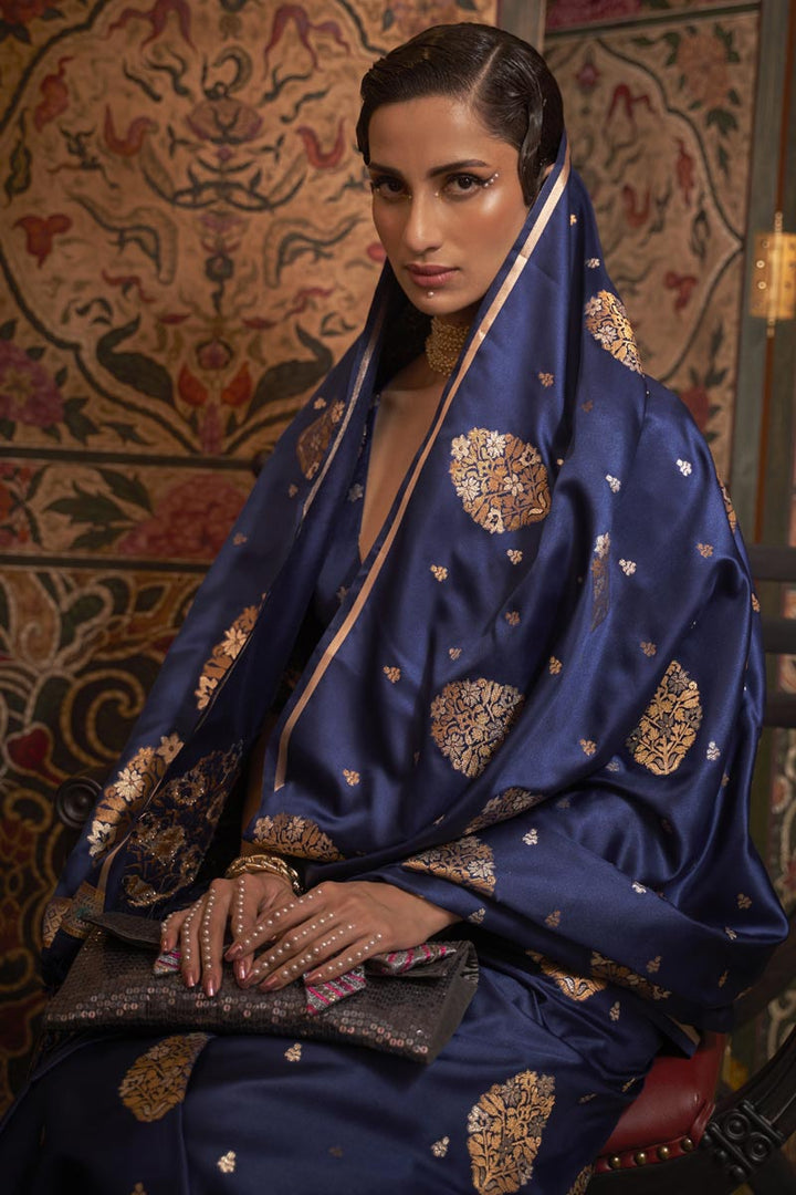 Tempting Satin Fabric Navy Blue Color Party Style Saree