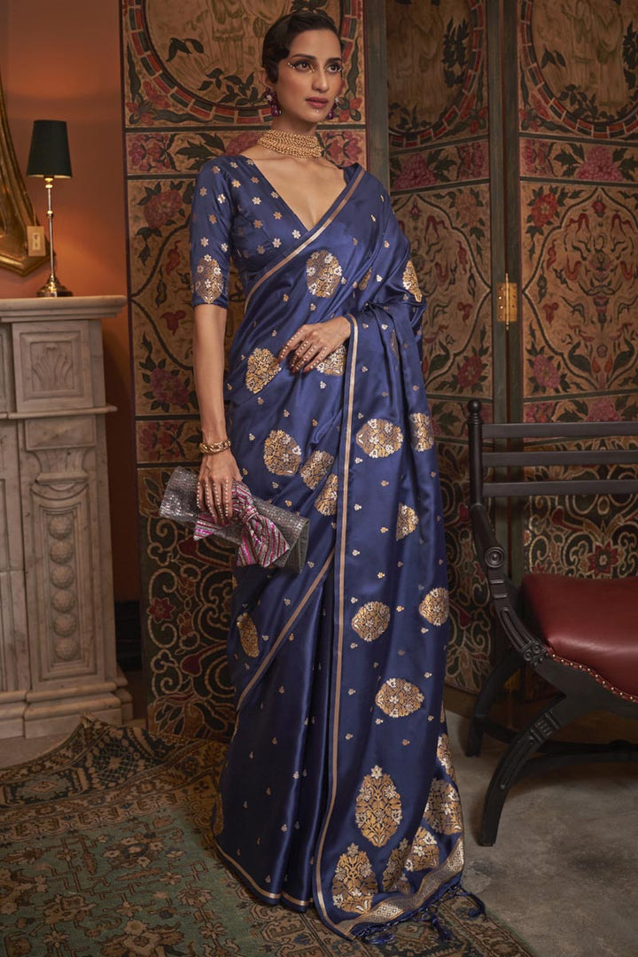 Tempting Satin Fabric Navy Blue Color Party Style Saree