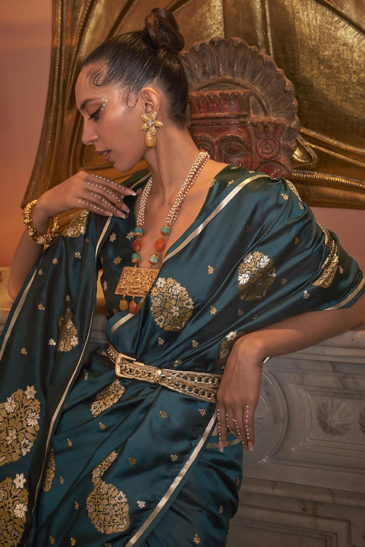Marvellous Satin Fabric Party Style Saree In Teal Color