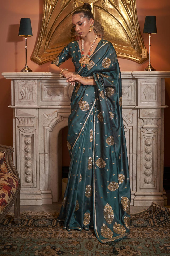 Marvellous Satin Fabric Party Style Saree In Teal Color