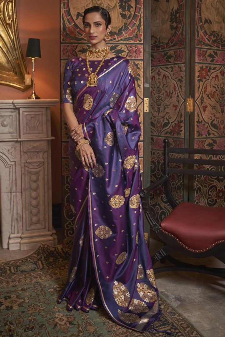Radiant Purple Color Satin Fabric Party Style Saree