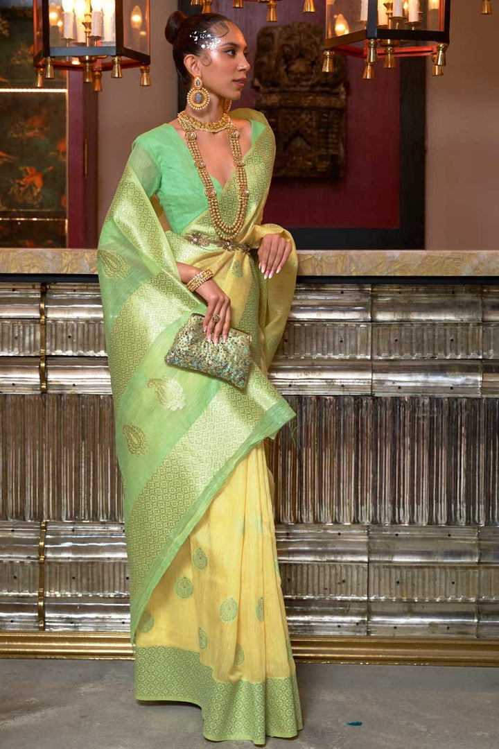Yellow Color Wonderful Party Look Saree In Linen Fabric