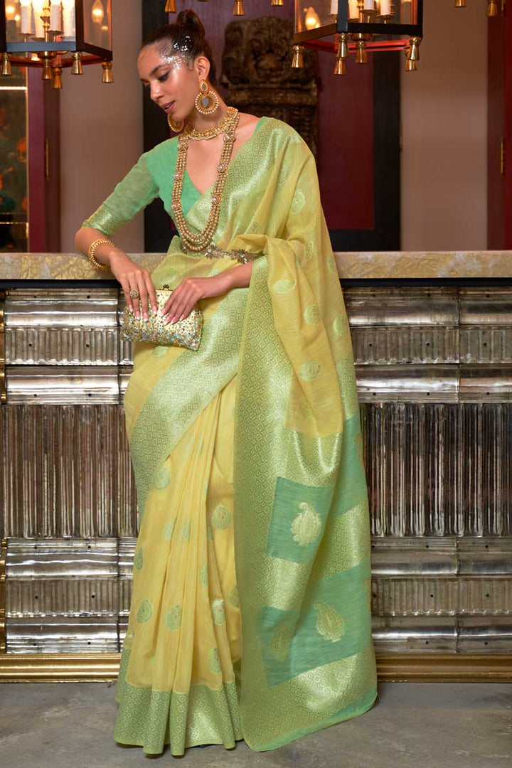 Yellow Color Wonderful Party Look Saree In Linen Fabric
